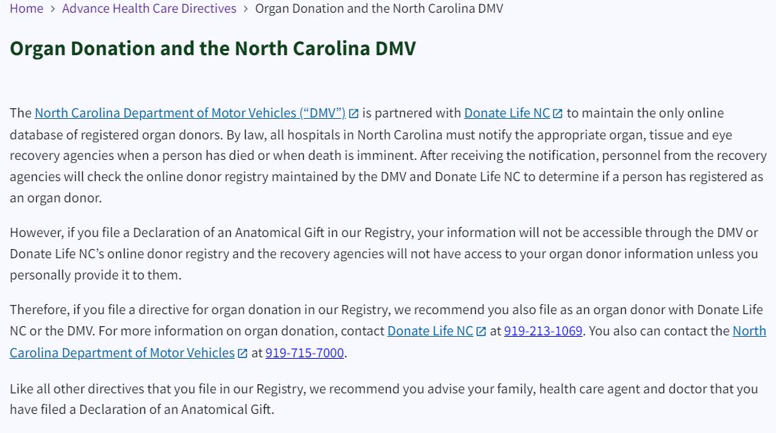 Figure 12. Organ Donation and the NC DMV page