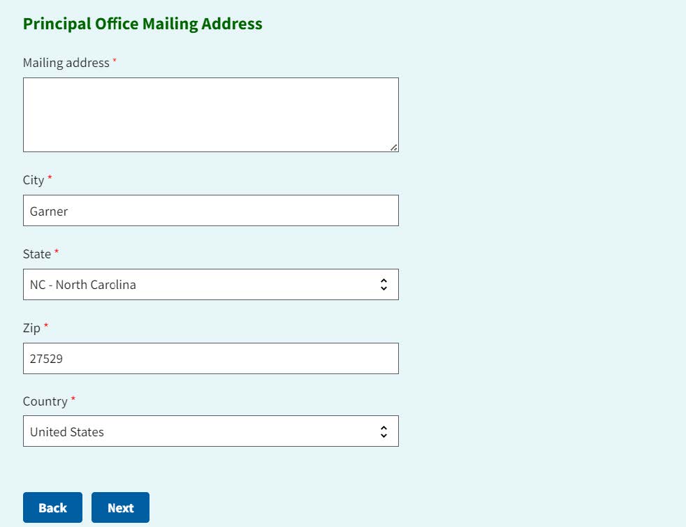 Figure 13. Principal Office Mailing Address page