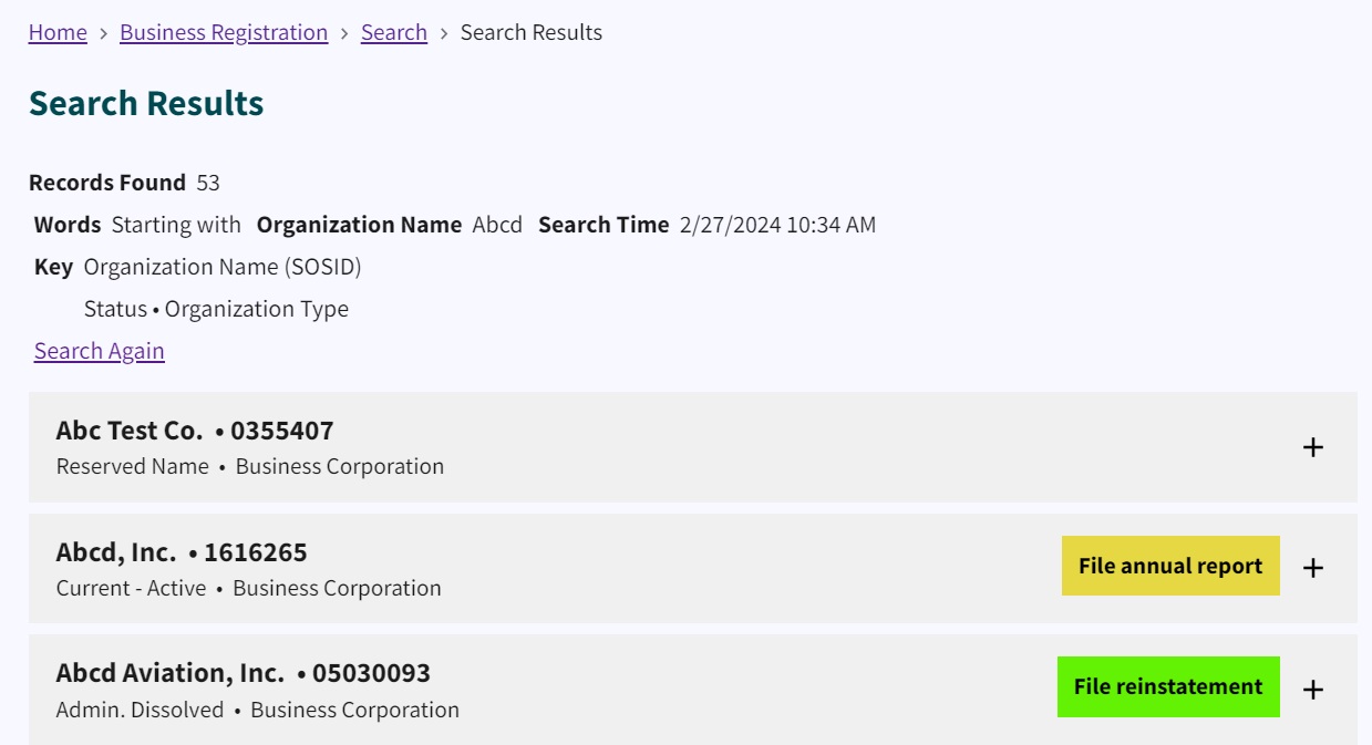 Figure 26. Search results showing company names