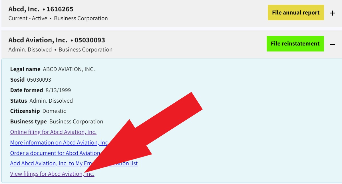 Figure 28. Red arrow pointing to View Filings for Company Name link