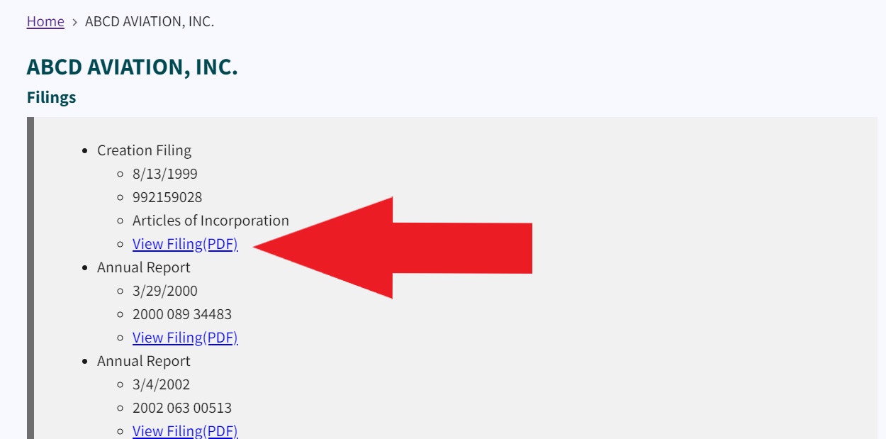 Figure 30. Red arrow pointing to View Filing (PDF) link