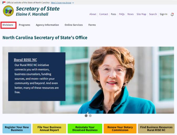 A screen shot of the north carolina website