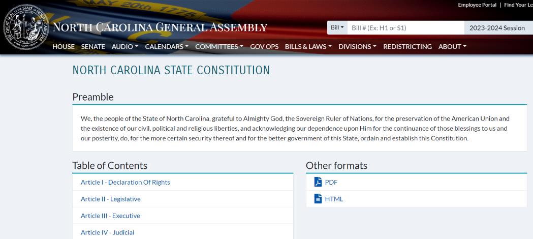 A screen shot of the north carolina website