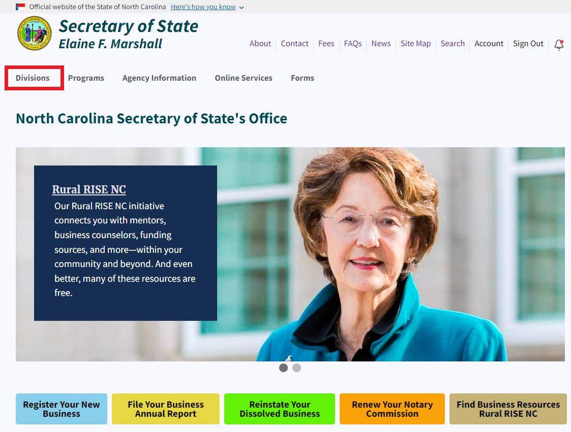 A screen shot of the north carolina website