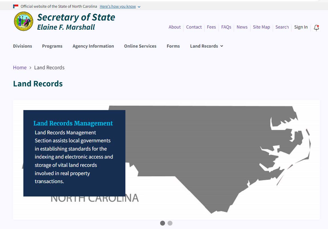 A screen shot of the north carolina website