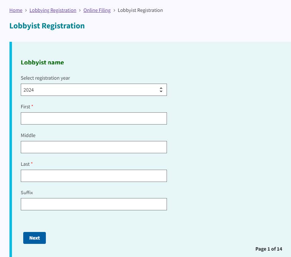 Figure 12. Lobbyist Name page