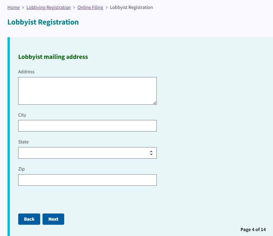 Figure 16. Lobbyist Mailing Address