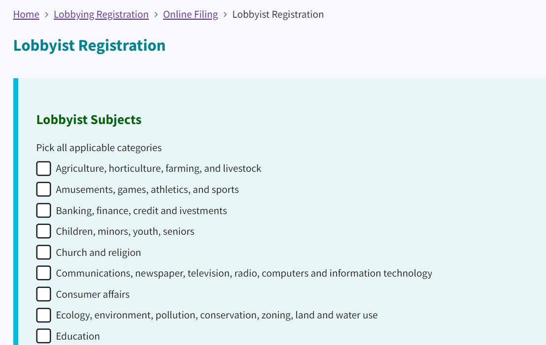 Figure 24. Lobbyist Subjects List