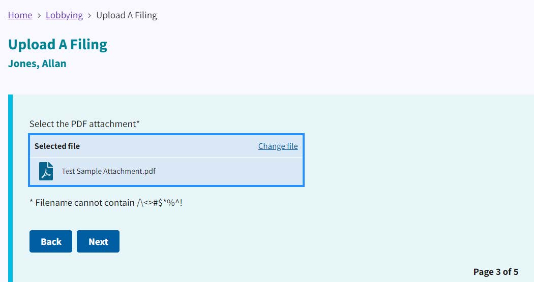 Figure 41. Upload a Filing - Selected file listed