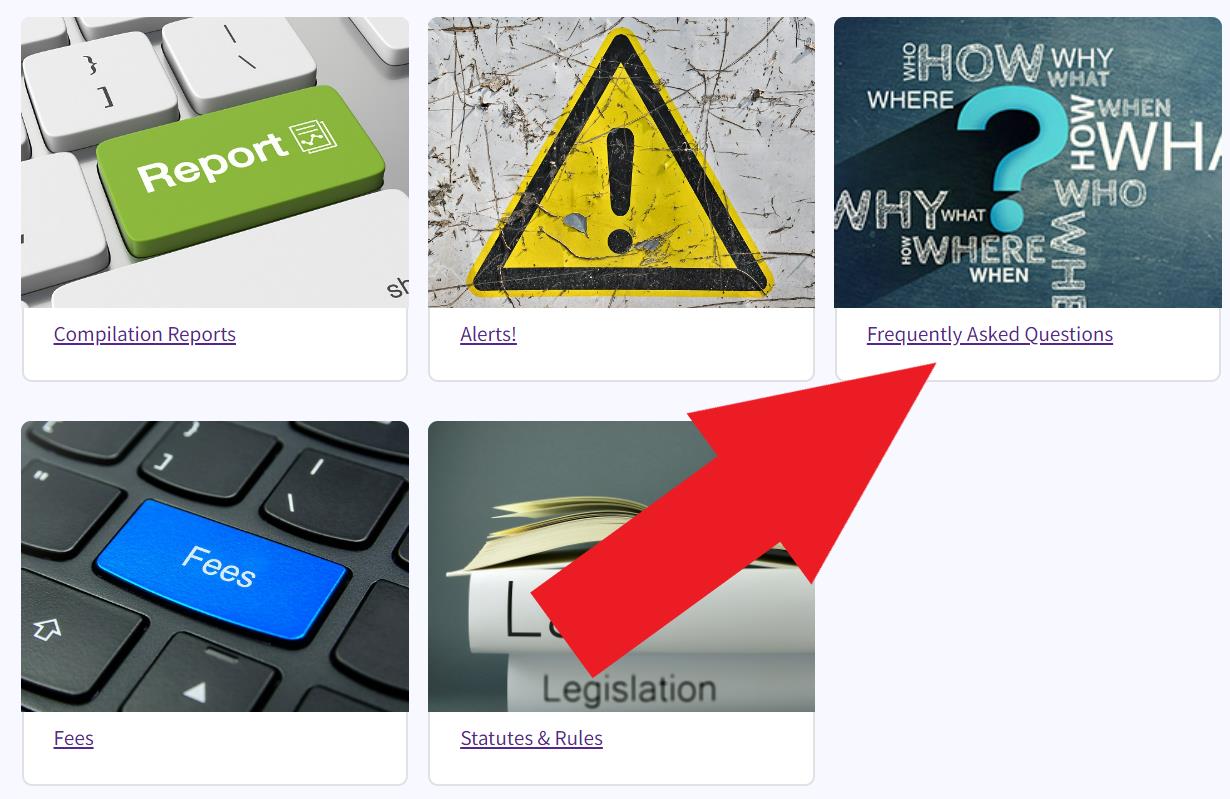 Figure 64. Red arrow pointing to the Frequently Asked Questions link