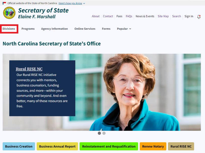 A screen shot of the north carolina website