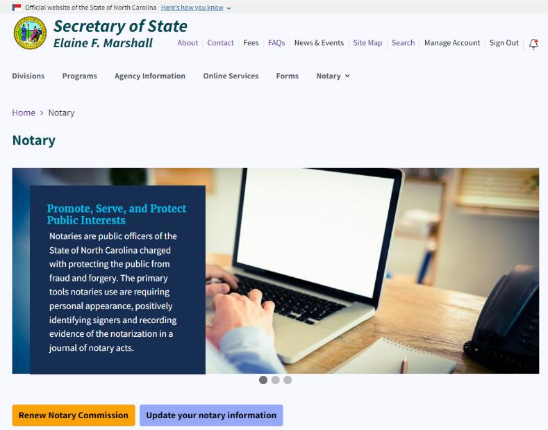 A screen shot of the north carolina website