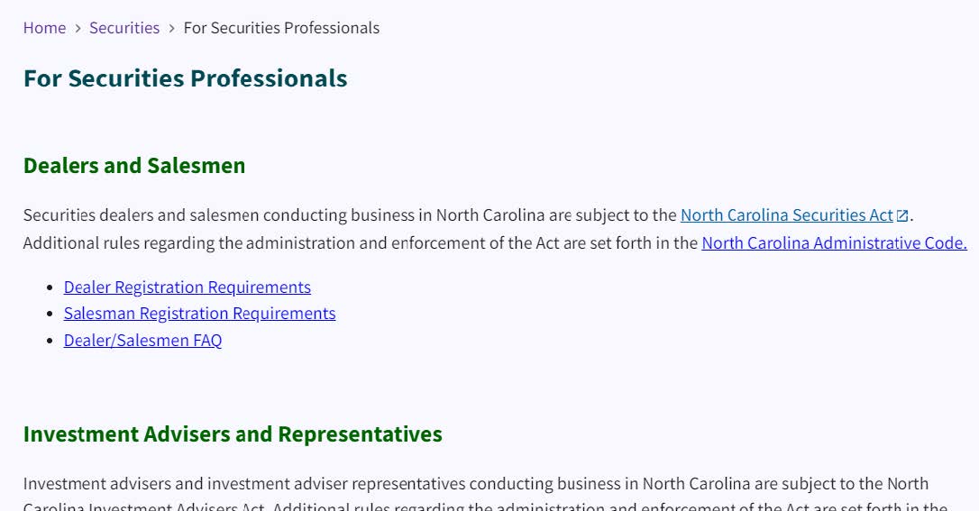 A screen shot of the north carolina website