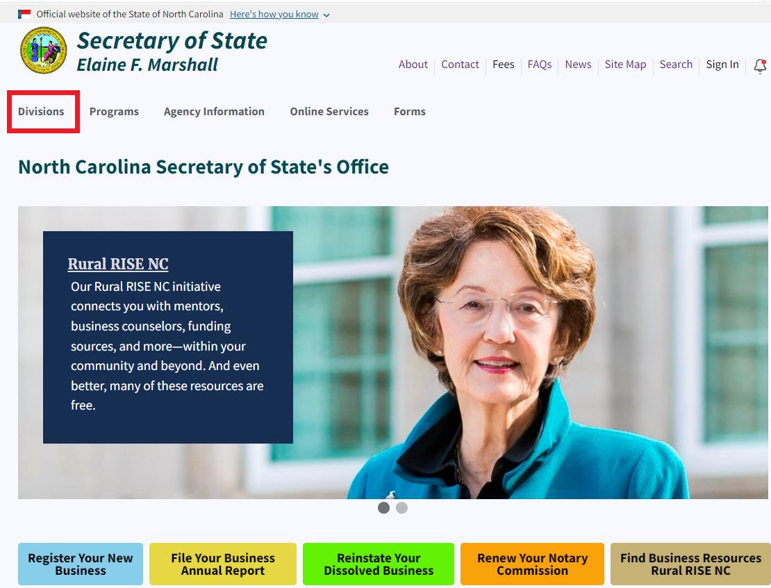 A screen shot of the north carolina website