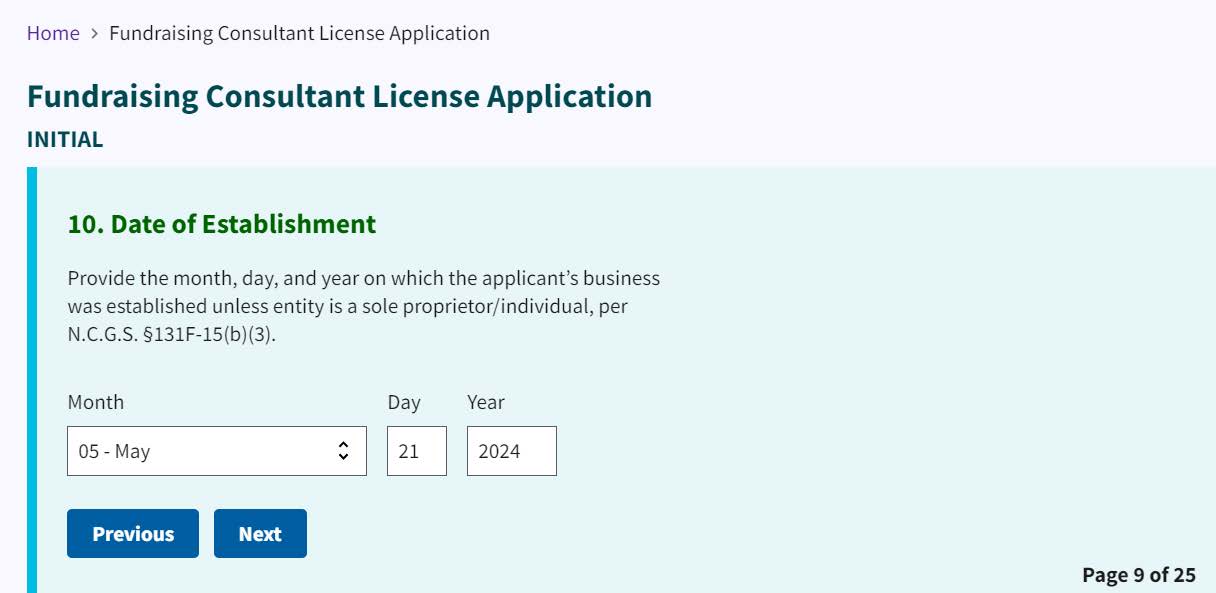 Figure 109. Applicant's date of establishment dropdown