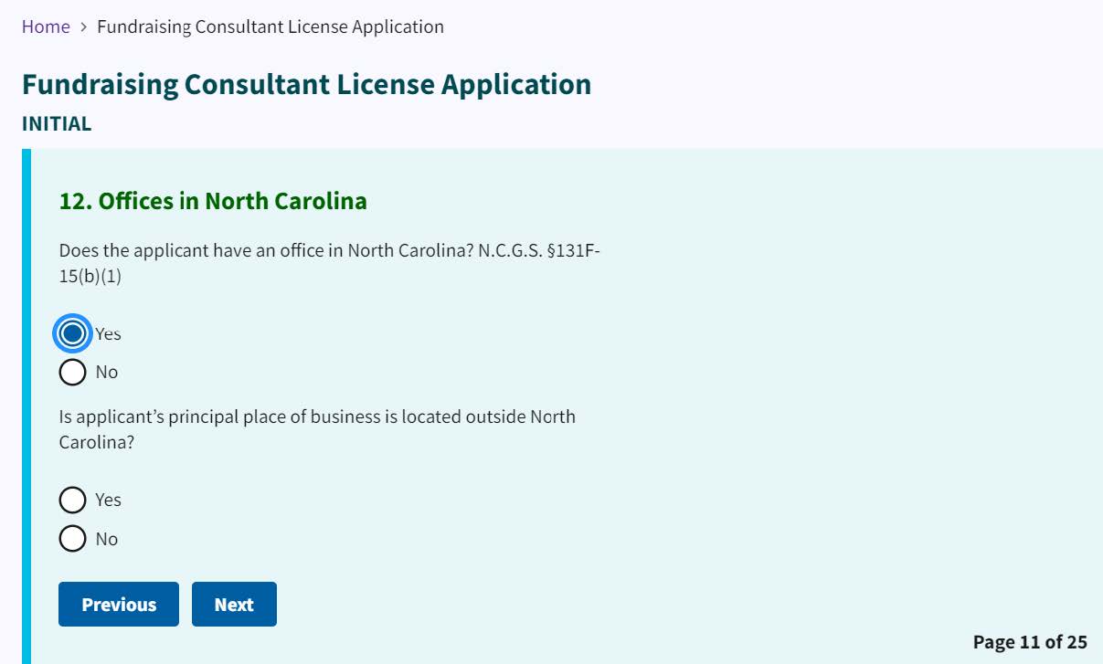 Figure 113. Question: Is the applicant's principal place of business located outside of NC?