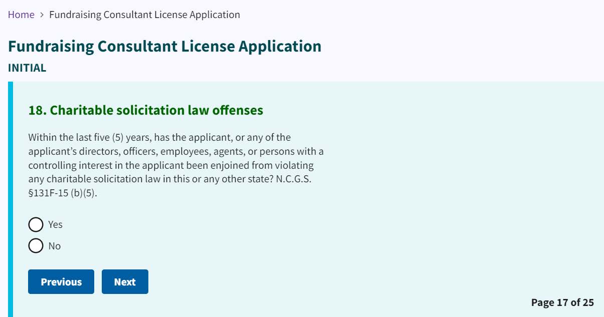 Figure 121. Charitable solicitation law offenses question