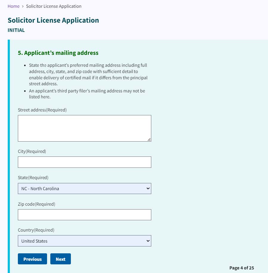 Figure 138. Applicant's mailing address entry fields