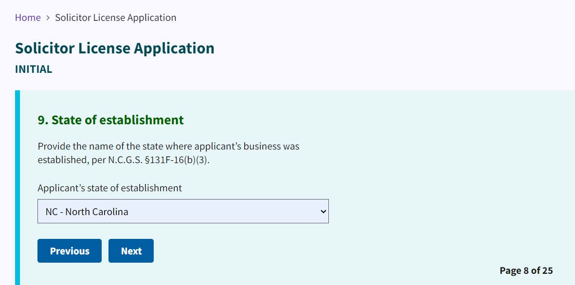 Figure 142. State of Establishment dropdown