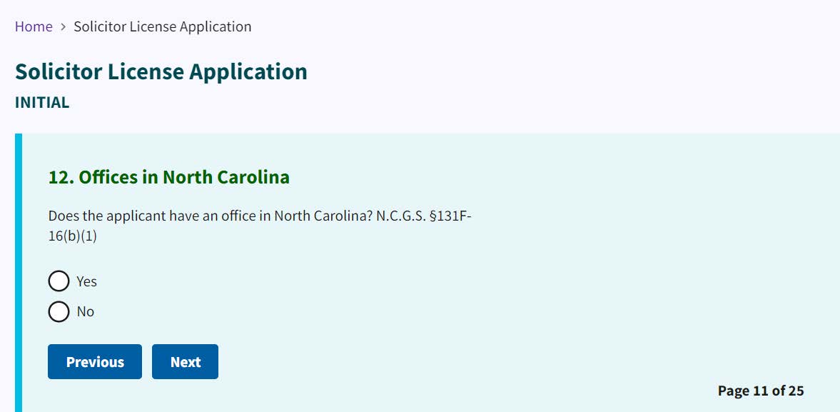 Figure 145. North Carolina office question and radio buttons