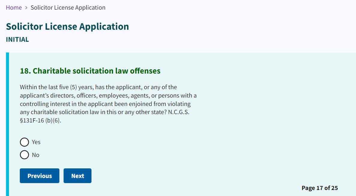 Figure 152. Charitable Solicitation Law Offenses question