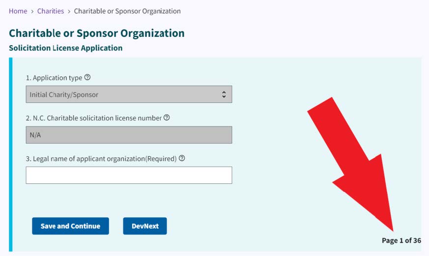 Figure 16. A red arrow points to the current page of the Solicitation License Application process