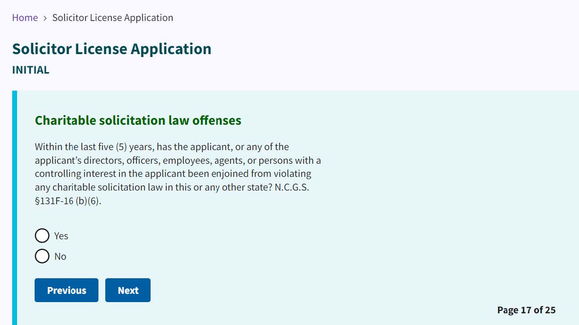 Figure 171. Charitable solicitation law offense radio buttons