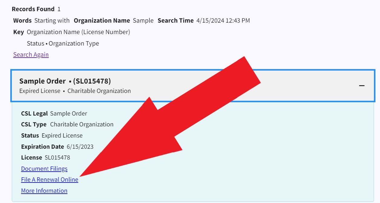 Figure 188. A red arrow points to the Renewal Online link