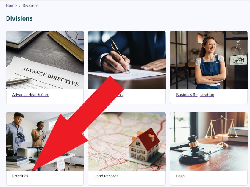 Figure 2. A red arrow points to the Charities link
