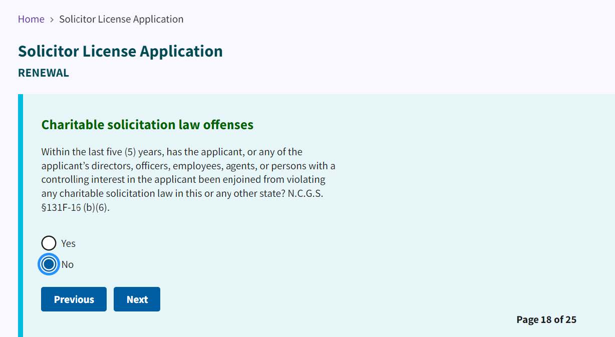 Figure 207. Charitable solicitation law offenses radio buttons