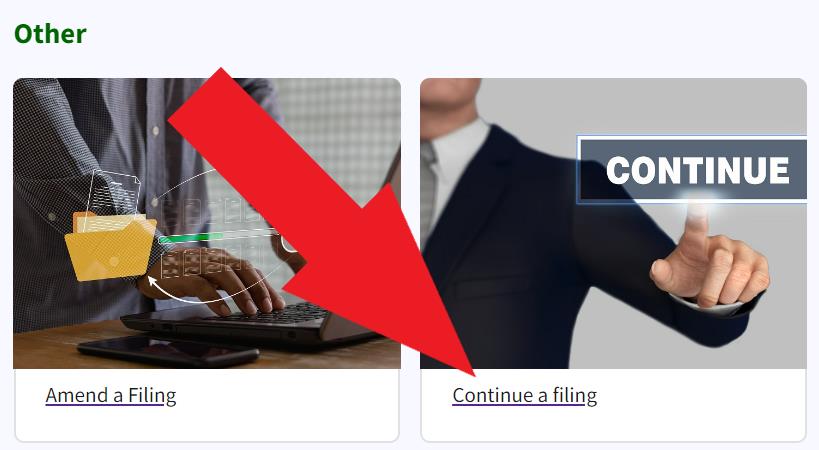 Figure 233. A red arrow points to the Continue a Filing link