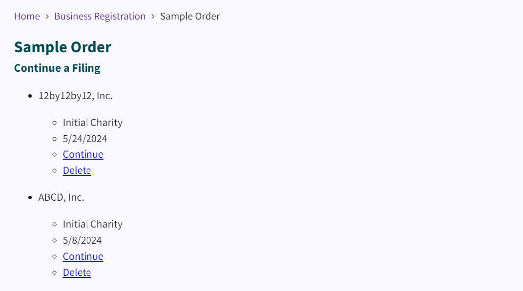 Figure 234. Continue a Filing page with links