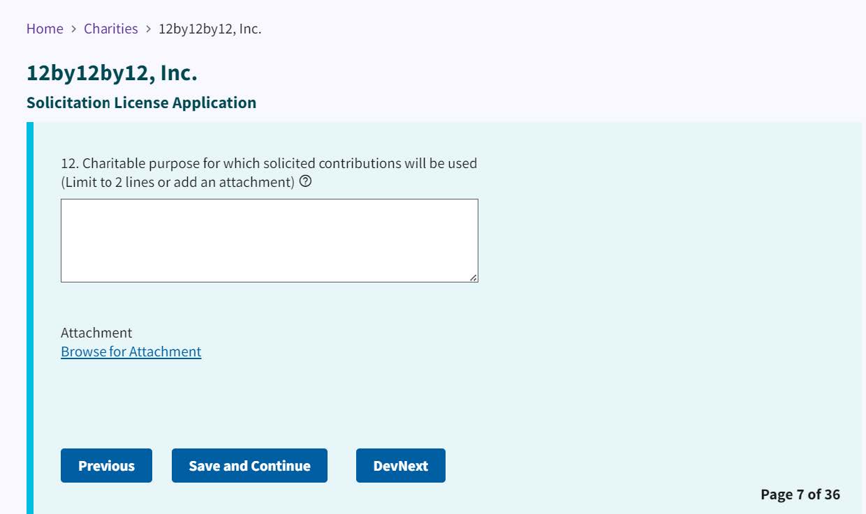 Figure 242. Charitable purpose for solicited contributions entry field