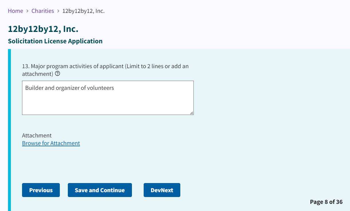 Figure 14. Example entry field of Builder and organizer of volunteers