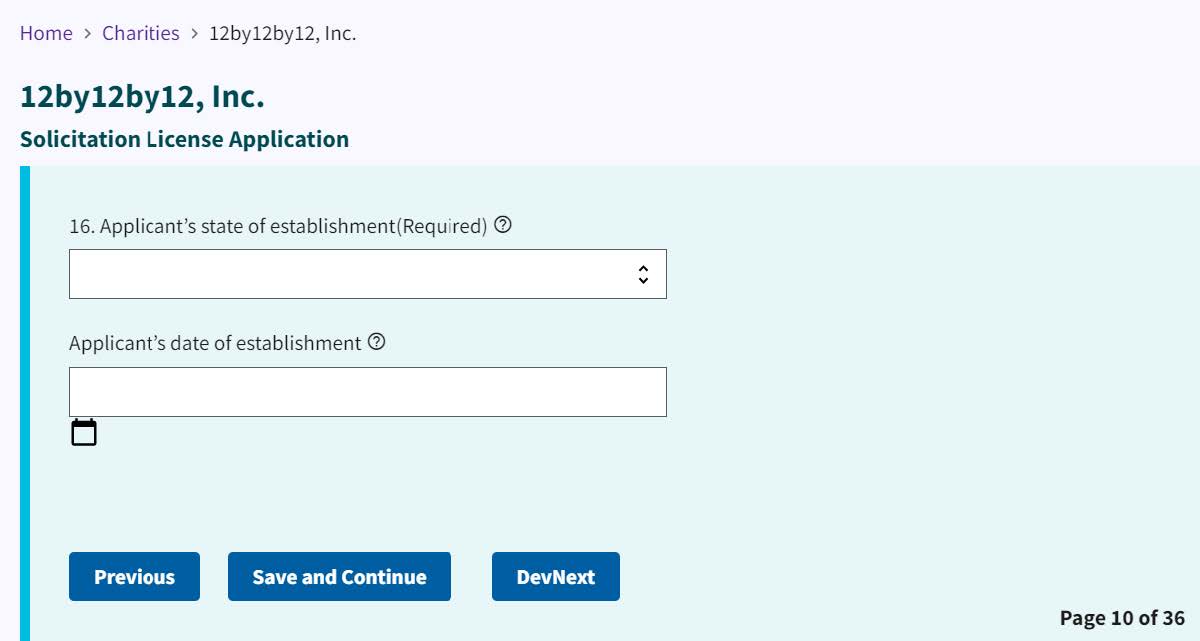 Figure 248. State and date of establishment dropdown and entry field