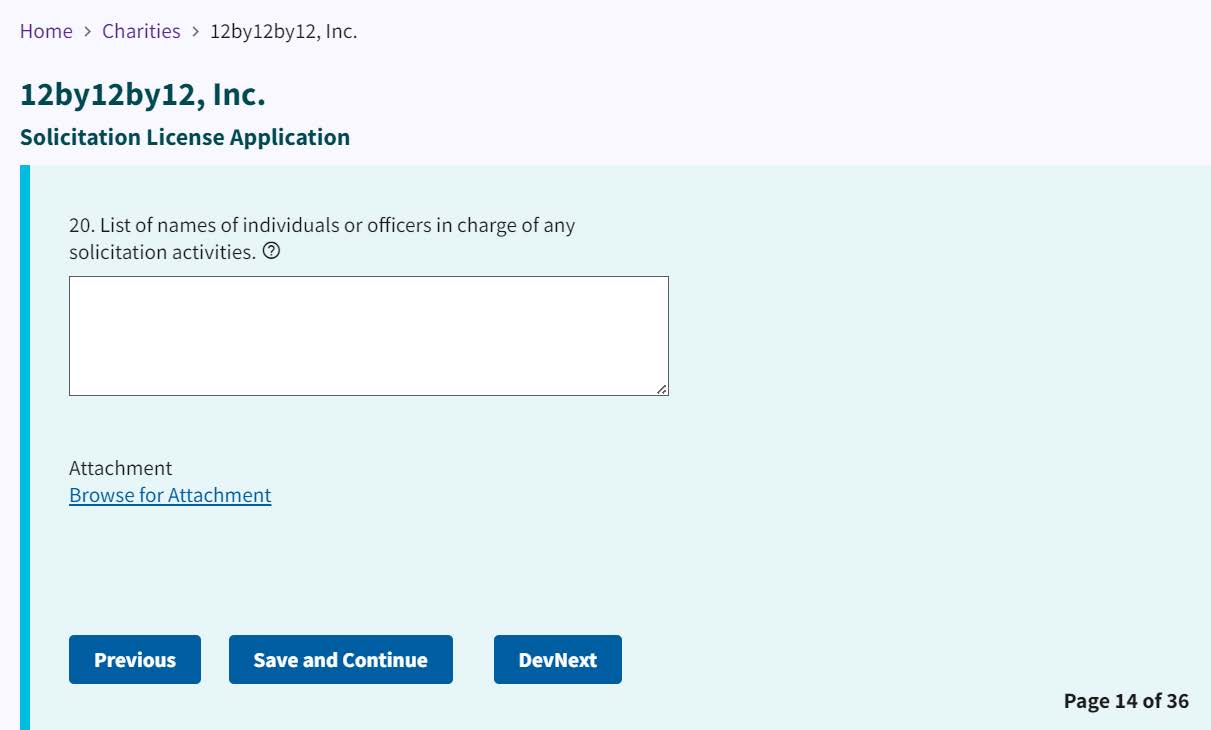 Figure 252. Entry field for a list of names of individuals or officers in charge of solicitation