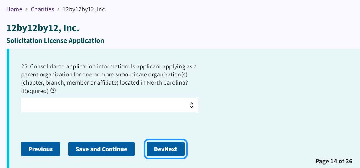 Figure 258. Dropdown for the question: Is the applicant applying as a parent organization for one or more subordinate organizations located in NC?