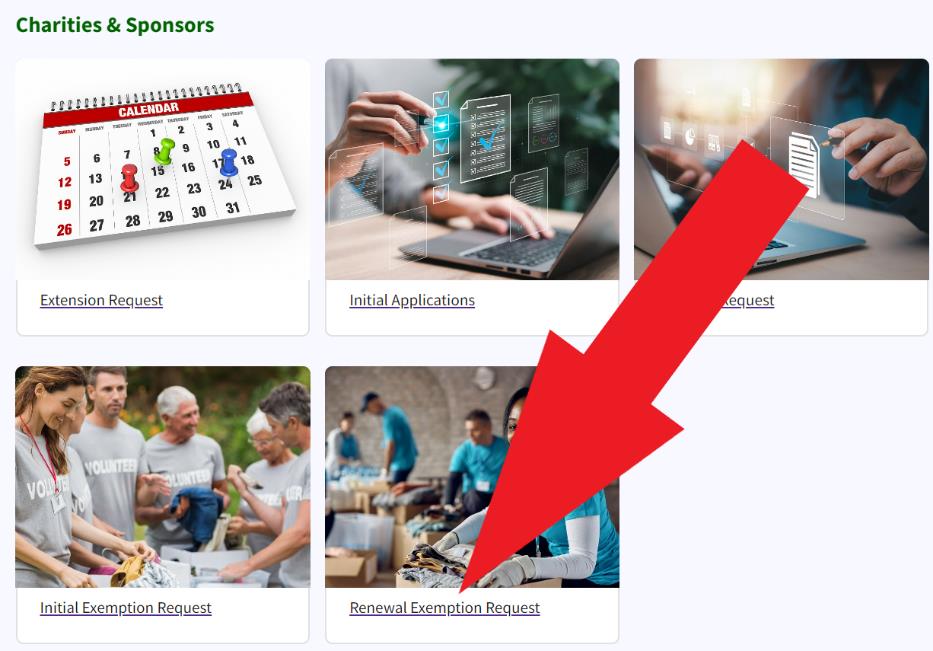 Figure 14. A red arrow points to the Renewal Exemption Request link