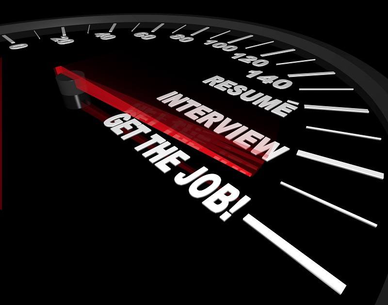 a close-up of a speedometer. Containing the words: resume interview get the job!