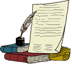 a stack of books with a quill pen and paper.