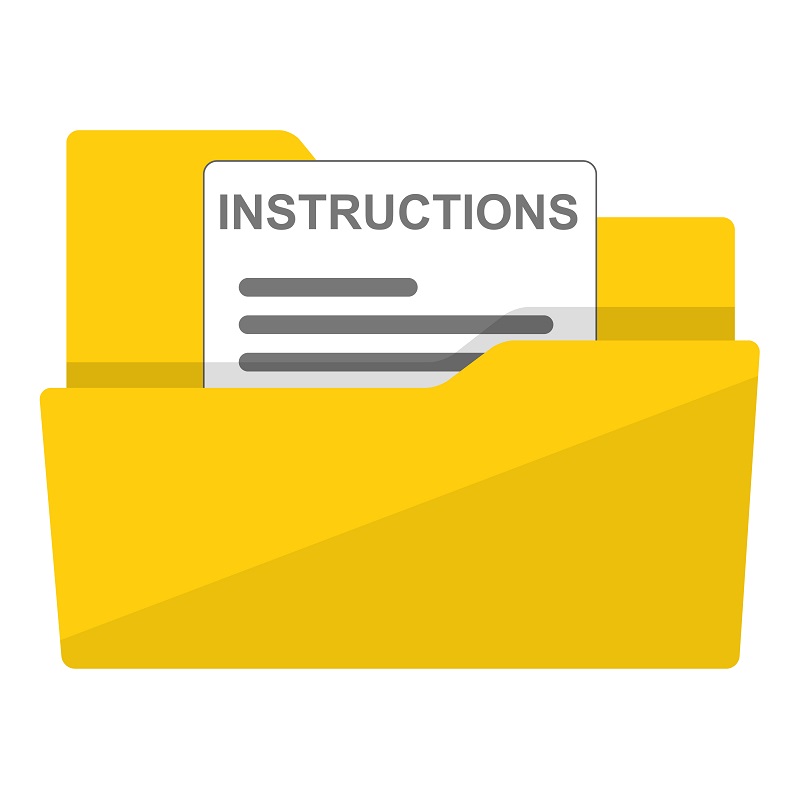 a yellow folder with instructions. Containing the words: instructions