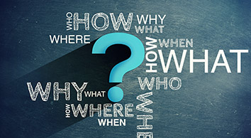 a blue question mark with white text. Containing the words: how why what where