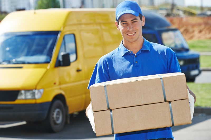 a person carrying boxes in front of a yellow van.