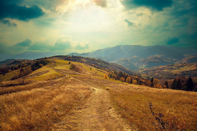 A dirt road leading to a valley.