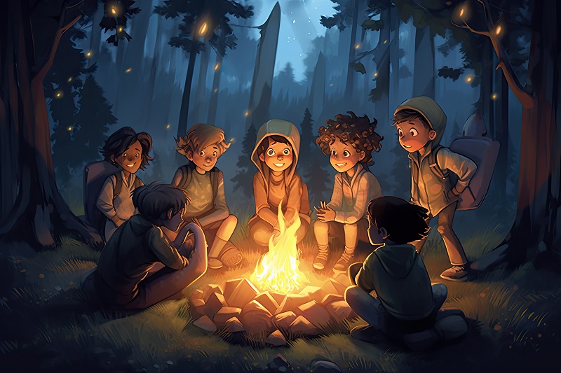 a group of kids around a campfire.