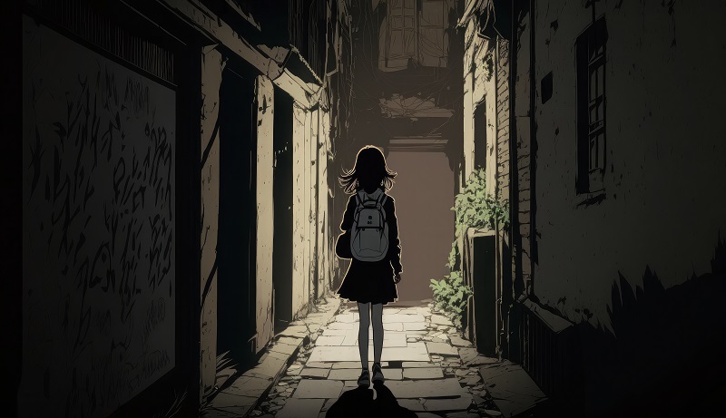 A cartoon of a child walking down a narrow alley.