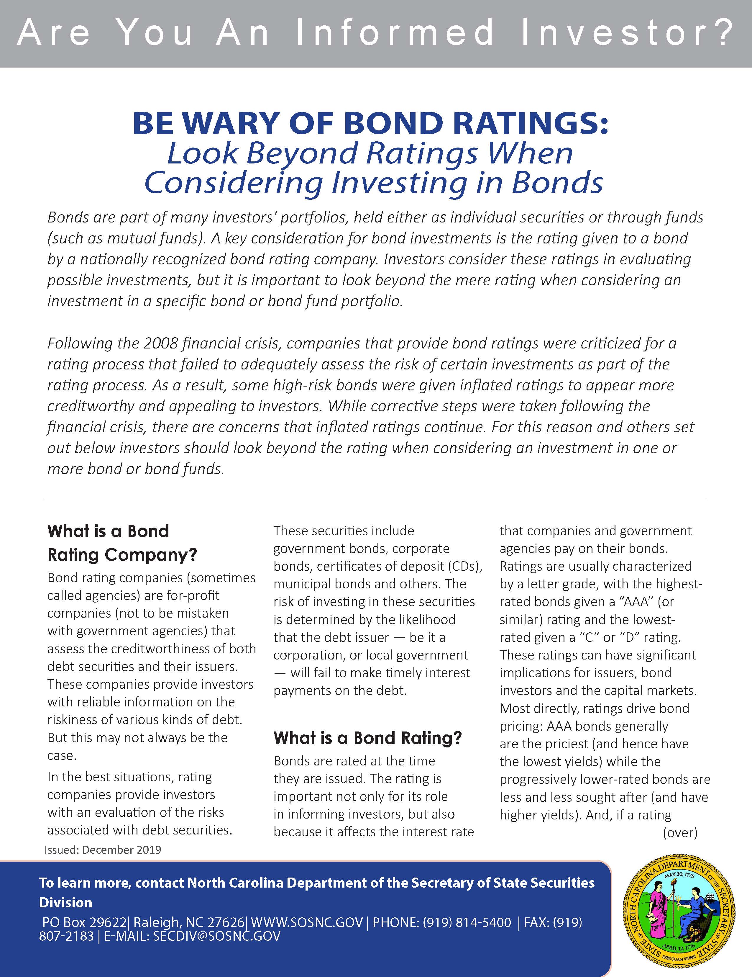 Be Wary of Bond Ratings booklet