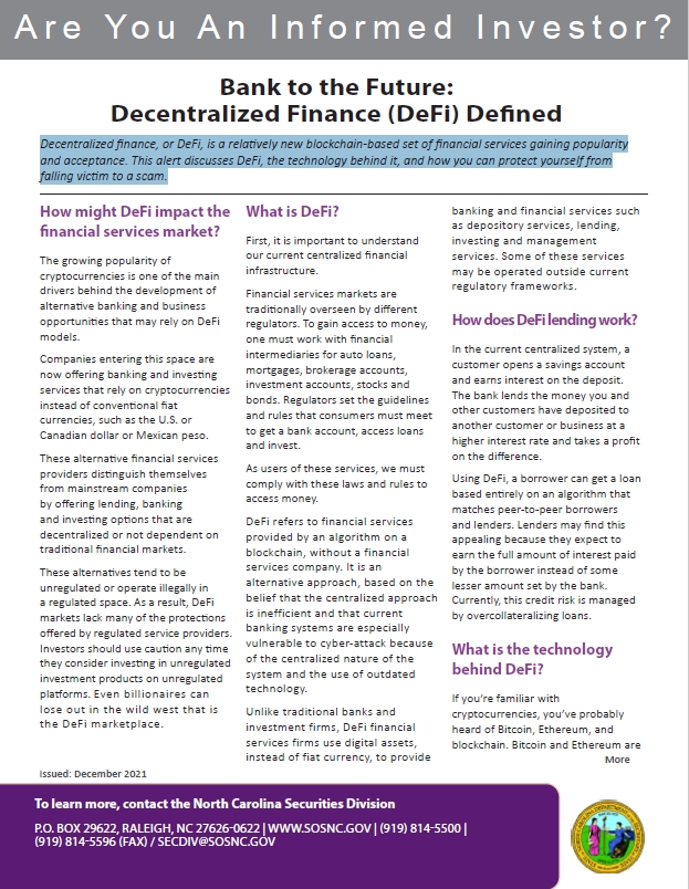 Bank to the Future: Decentralized Finance (DeFi) Defined booklet