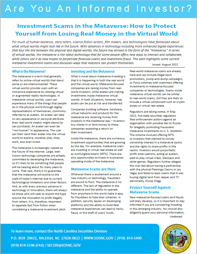 How to Protect Yourself from Losing Real Money in the Virtual World booklet